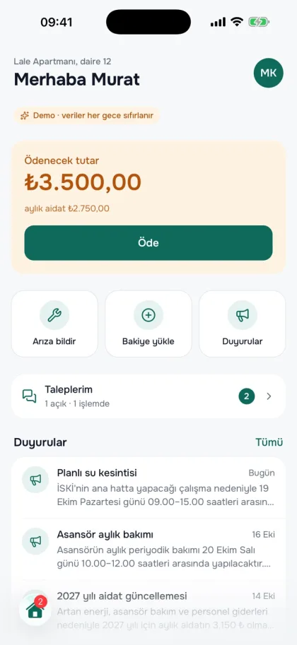 Binago mobil uygulaması: daire sakini ana ekranı